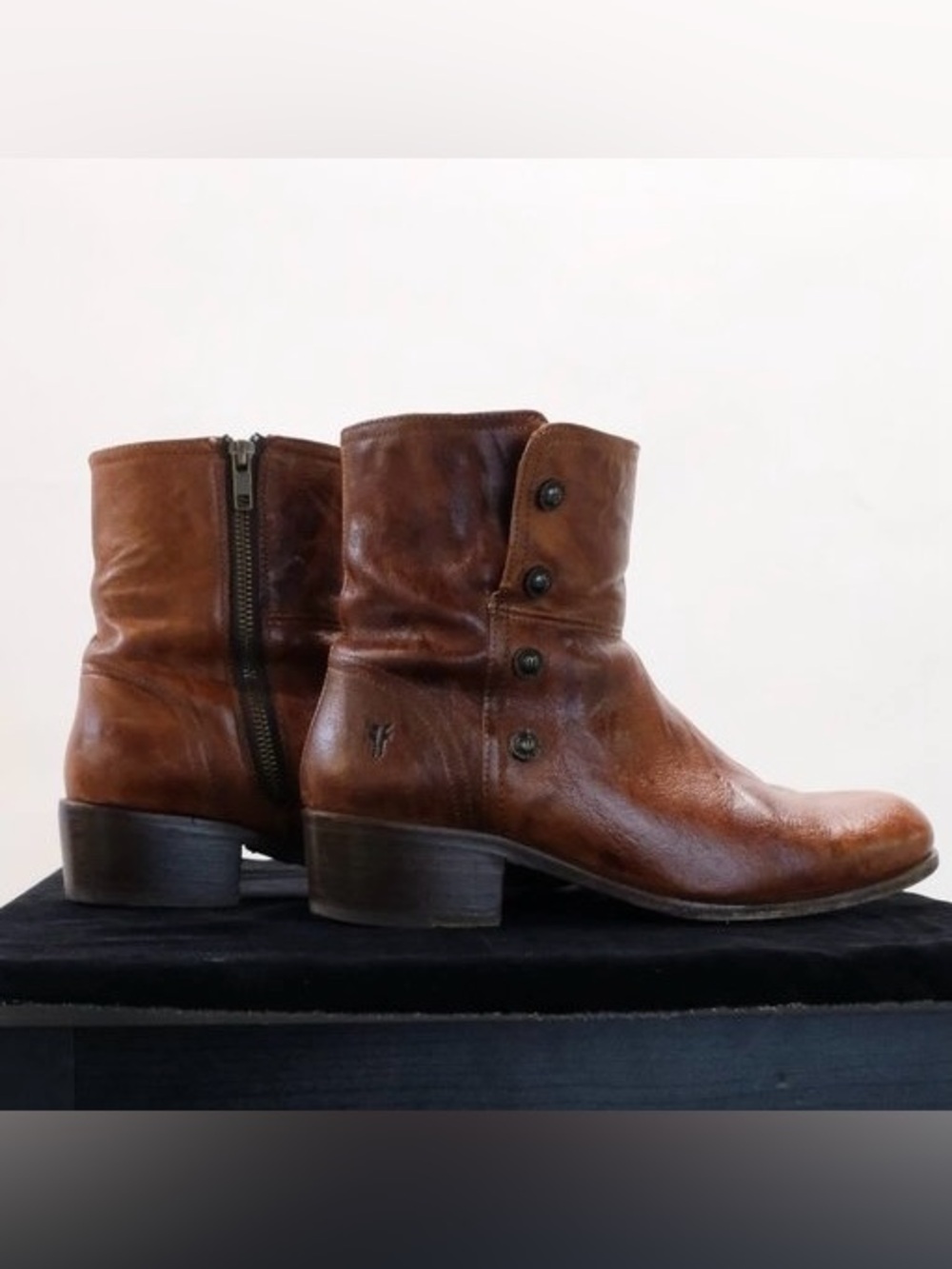 Frye Lynn Military Snap Short Boots in Cognac Antique